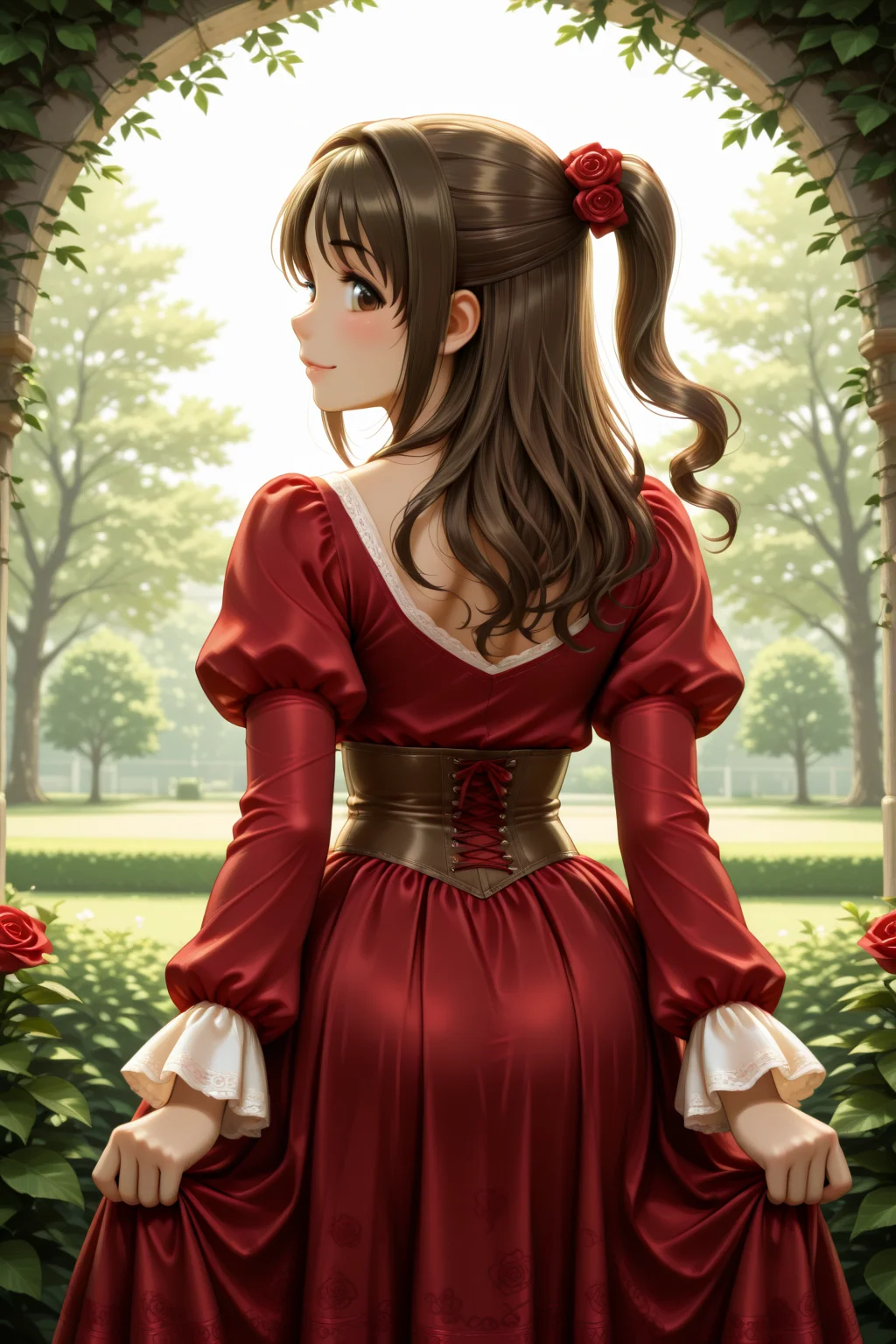 masterpiece, best quality, amazing quality, 1girl, solo, makeup, general, looking at viewer, blush, cowboy shot, smile, fancy, blush, lovely, from behind, outdoors, garden, day, serene smile, (looking at viewer), flower, hair flower rose, <lora:Shimamura_Uzuki_cinderella:1>, Shimamura_Uzuki_Cinderella, long hair, brown hair, brown eyes, one side up, half updo, breasts, <lora:Victorian_Whim_Velvet_Dress:1>, Victorian_Whim_Velvet_Dress, long dress, red dress, puffy long sleeves, juliet sleeves, frills, red bow, red ribbon, floral print, cross-laced clothes, corset, <lora:wai-2Rectified-V140:1>, <lora:illustrious_noobai_epsilon_pred_1_masterpieces_v1:1>