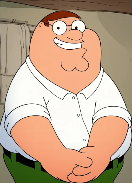 <lora:PeterGriffinPony1.0 (1):1>peter, glasses, fat, 1boy, white shirt, solo, brown hair, green pants, belt, smile, looking at viewer, own hands together, cowboy shot,grin, score_9, score_8_up, score_7_up, score_6_up, score_5_up, score_4_up