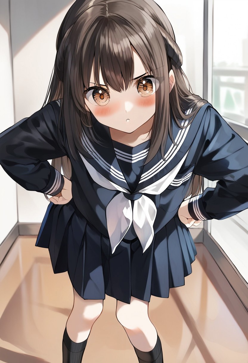 score_9, score_8_up, score_7_up, source_anime, hi res, masterpiece, best quality, highres, rkanime_ps, 1girl, school uniform, skirt, serafuku, long hair, solo, brown eyes, blush, black skirt, black serafuku, pleated skirt, black shirt, black sailor collar, sailor collar, bangs, socks, shirt, hands on hips, long sleeves, brown hair, neckerchief, looking at viewer, white neckerchief, parted lips, leaning forward, v-shaped eyebrows, kneehighs, black socks, indoors, standing