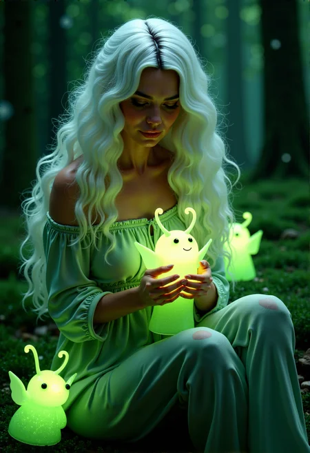 The woman sits with her hands cupped gently around one of the glowing green spirits, her eyes focused on it with a look of wonder and affection.
Photorealistic depiction of a mystical forest scene where a cute and curvy adult woman with long white hair is seated, surrounded by glowing, translucent green spirits, their ethereal light casting a soft glow on her serene face.
cinematic lighting, extremely intricate detail character, accurate depiction of character, correct body anatomy, correct hands and fingers, extremely intricate skin and facial skin texture detail, lifelike potrayal, extremely realistic lighting, extreme dynamic pose.