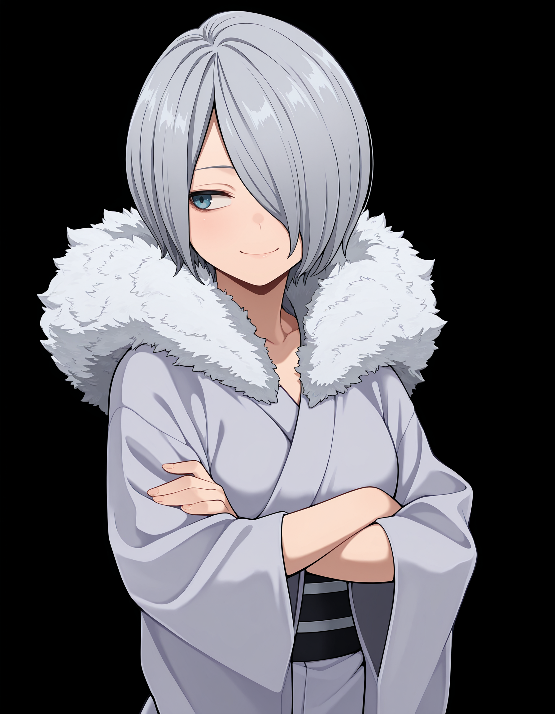 <lora:Yanagi Reiko - My Hero Academia (IllustriousXL):1>
1girl, solo,
y4nagi, hair over one eye, short hair, grey hair, blue eyes,
grey kimono, short kimono, long sleeves, wide sleeves, fur trim, black sash, 
upper body, crossed arms,  looking to the side, 
closed smile,, masterpiece, best quality, amazing quality,, (simple background, black background:1.1),