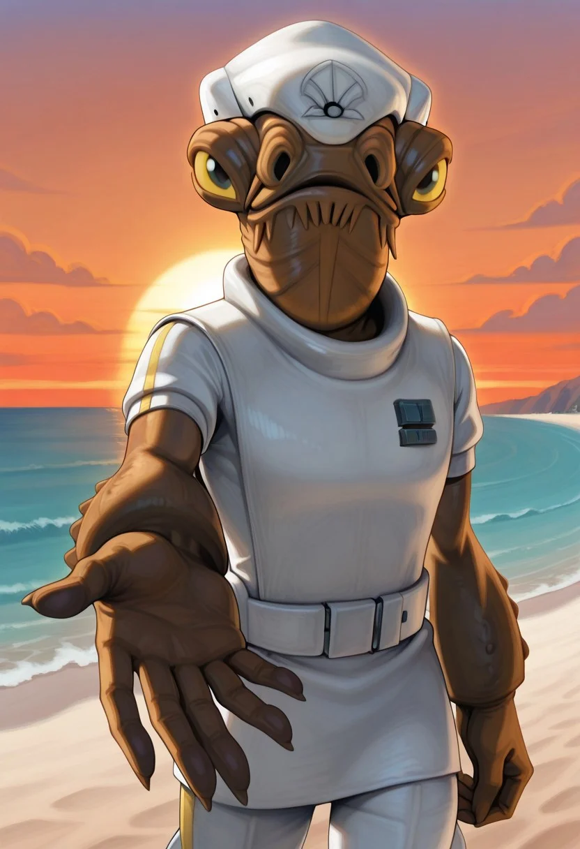 masterpiece, best quality, amazing quality, SWCW_Gial_Ackbar, Mon Calamari, furry male, male focus, 1boy, fish-like humanoid, high-domed head, nostrils, wide mouth, large goggle-like-eyes, barbels, expressive eyes, yellow sclera, coloured irises, round black pupils, brown skin, mottled skin, ribbed chest, broader forearms near hands, protrusions on forearms, webbed hands, five fingers on hands, grey clawed fingers, suction-cups on palms, white helmet with shell emblem, white uniform, short sleeves, white belt with pouches, white and yellow pants, grey badge on chest, <lora:looking-back-reaching-towards-viewer-illustriousxl-lora-nochekaiser:1>, reaching towards viewer, looking at viewer, smile, reaching towards viewer, reaching back, beach, half-closed eyes, cowboy shot, sunset