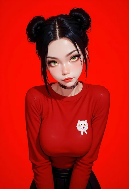 A highly detailed digital illustration featuring an anime-style character with a youthful appearance. The subject is a young woman with fair skin and large, expressive green eyes that dominate her face. Her hair is styled in two high buns with wispy bangs framing her forehead. She is wearing a red, long-sleeved sweater with a white graphic design on the chest, and a short black skirt. Her hands are positioned in front of her face, holding a black pencil with a silver eraser.
The background is a solid, vibrant red, which contrasts starkly with her attire and hair, drawing attention to her features. The lighting in the image is soft and even, casting a subtle glow on her skin and hair, giving a slightly ethereal quality. The texture of her sweater is smooth and slightly reflective, suggesting a high-quality fabric. The overall style of the illustration is hyper-realistic, with meticulous attention to detail in the facial features, hair, and clothing. The character's expression is slightly mischievous, with a hint of a smirk, adding a playful element to the image. The composition is slightly tilted upward, giving a sense of intimacy and closeness to the viewer. Realistic anime style.