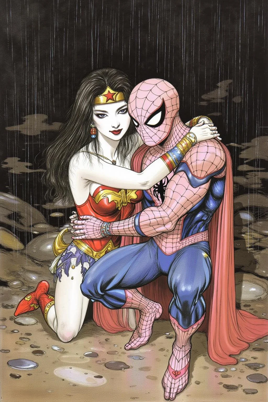amayo illustration of a Spider-man and Wonder Woman embracing in the rain  <lora:amayo1_cap_d6a3e11:1.0><lora:827317053472913634:0>