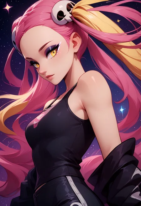 score_9, score_8_up, score_8, medium breasts, (curvy), cute, eyelashes, rating_safe,
BREAK,
zzPlumeria, pink hair, multicolored hair, blonde hair, two-tone hair, long hair, yellow eyes, hair ornament, quad tails, breasts, eyeshadow, skull hair ornament, black tank top, eyeshadow, makeup, black baggy pants, tattoo,
BREAK,
dynamic angle, stars, floating, colorful, pink, blue eyes, black bow, from side, on back, spaceship, technological,
zPDXL,