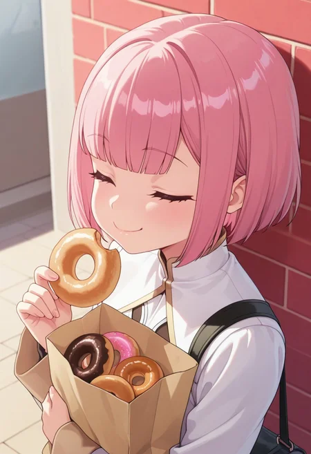 masterpiece,best quality,amazing quality, ashford lululee, pink hair, short hair, 1girl, food, solo, closed eyes, doughnut, smile, bob cut, holding, bag, closed mouth, paper bag, upper body, blunt bangs, holding food