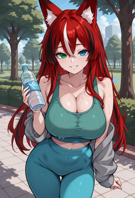 masterpiece, best quality, 1girl, solo, Bomba, heterochromia, green eye, blue eye, multicolored hair, streaked hair, red hair, black hair, animal ears, long hair, grey cardigan, green tank top, blue pants, yoga pants, outdoors, park, holding water bottle, looking at viewer, smile, sweat, <lora:ChamBombaOCIllustriousXL:1>