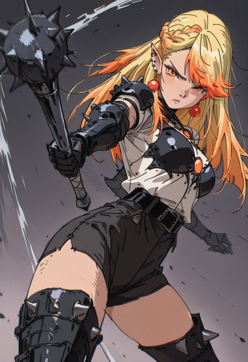masterpiece, amazing quality, absurdres, 4ur4_illu, fl4tgr1t, sketch, dark_fantasy_style, dark fantasy, retro,
(Girl:0.0), 1girl, (solo), yellow hair, half up braid, straight hair, multicolored hair, swept bangs, 
orange eyes, ultra-detailed anime eyes, round eyes, pointed ears, earrings, ear piercing, breasts, 
dark spiked armored outfit, white shirt, black shorts, black belt, thigh-high boots, 
(Pose:0.0), ((looking at viewer)), standing, (swinging mace), motion blur, 
(Emotion:0.0), determined, serious, 
(Scene:0.0), cowboy shot, dutch angle, from front, dynamic pose, simple background, depth of field, foreshortening,