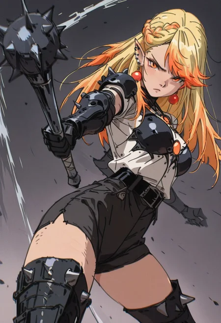 masterpiece, amazing quality, absurdres, 4ur4_illu, fl4tgr1t, sketch, dark_fantasy_style, dark fantasy, retro,
(Girl:0.0), 1girl, (solo), yellow hair, half up braid, straight hair, multicolored hair, swept bangs,
orange eyes, ultra-detailed anime eyes, round eyes, pointed ears, earrings, ear piercing, breasts,
dark spiked armored outfit, white shirt, black shorts, black belt, thigh-high boots,
(Pose:0.0), ((looking at viewer)), standing, (swinging mace), motion blur,
(Emotion:0.0), determined, serious,
(Scene:0.0), cowboy shot, dutch angle, from front, dynamic pose, simple background, depth of field, foreshortening,