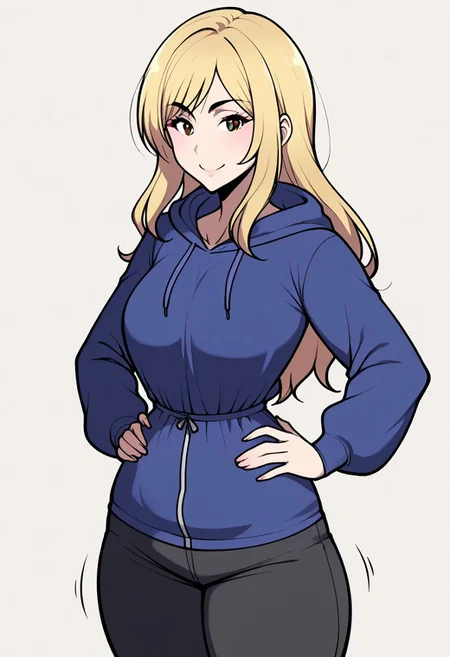 <lora:Jam_Orbital_Style:1.5>, JamOrb, 2d art, motion lines, detailed shadows,
BREAK
1girl, solo, long hair, pale blonde hair, black eyes, white background, jacket, simple background, long sleeves, standing, oversized hoodie, cowboy shot, arms on hips, black pants, baggy pants
BREAK
round boobs, sexy pose, solo, thick thighs, wide hips, curvy body, narrow waist,