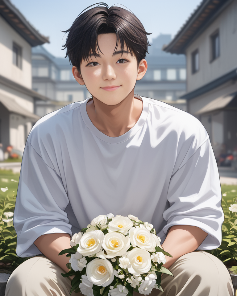 score_9, score_8_up, score_7_up, Korean, <lora:Expressive_H:1>, ((handsome man:1.2, light skin)), (focus male, solo:1.1), masterpiece, best quality,
The image features a young man sitting on the edge of a rock with a relaxed posture. He is dressed in a casual outfit that consists of white beige trousers and a matching beige jacket. Underneath the jacket, a white t-shirt is visible. The man is holding a small bouquet of flowers, which he seems to be presenting or offering.
He is slight smiling and looking directly towards the camera, conveying a sense of joy or anticipation. The man has short, dark hair and appears to be in his late teens or early twenties. The background of the image is out of focus but suggests an outdoor setting with architectural features like a building and a structure with a corrugated metal roof.
The style of the image is candid and appears to be a lifestyle or fashion photograph, with shallow depth of field that keeps the person in sharp focus while the background fades into soft colors. The lighting is bright and even, suggesting a sunny day. There are no texts visible in the image.
tae_dong, <lora:taedong-000018:1>, 20+, over 20 years old, taedong,