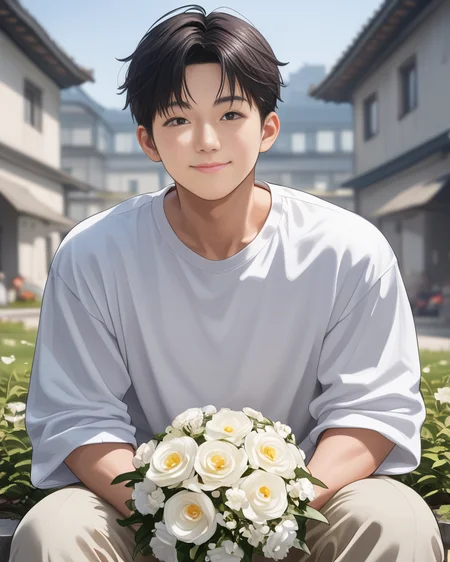 score_9, score_8_up, score_7_up, Korean, <lora:Expressive_H:1>, ((handsome man:1.2, light skin)), (focus male, solo:1.1), masterpiece, best quality,
The image features a young man sitting on the edge of a rock with a relaxed posture. He is dressed in a casual outfit that consists of white beige trousers and a matching beige jacket. Underneath the jacket, a white t-shirt is visible. The man is holding a small bouquet of flowers, which he seems to be presenting or offering.
He is slight smiling and looking directly towards the camera, conveying a sense of joy or anticipation. The man has short, dark hair and appears to be in his late teens or early twenties. The background of the image is out of focus but suggests an outdoor setting with architectural features like a building and a structure with a corrugated metal roof.
The style of the image is candid and appears to be a lifestyle or fashion photograph, with shallow depth of field that keeps the person in sharp focus while the background fades into soft colors. The lighting is bright and even, suggesting a sunny day. There are no texts visible in the image.
tae_dong, <lora:taedong-000018:1>, 20+, over 20 years old, taedong,