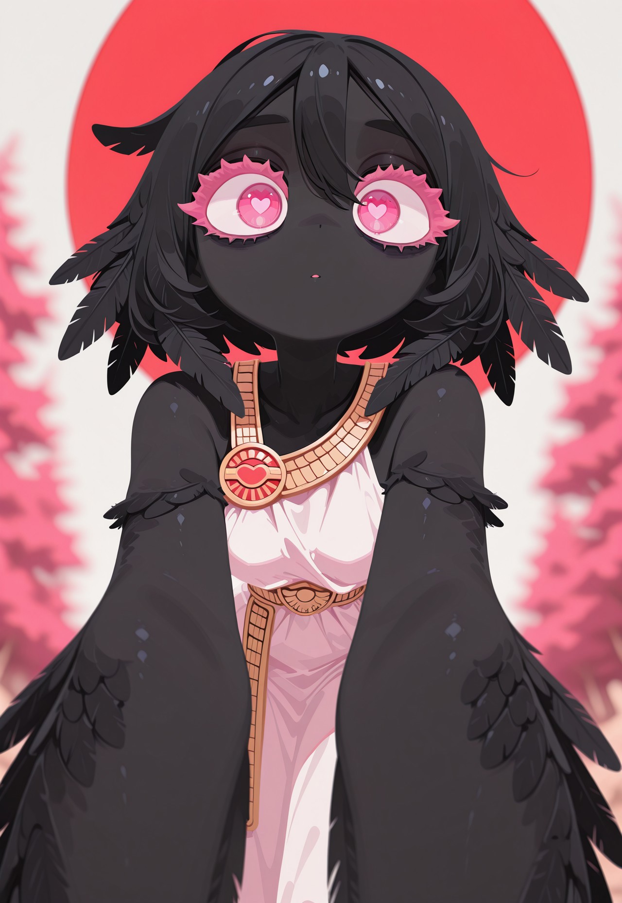 fabulosity_style, masterpiece, best quality, no lineart, no outline, flat color, blurry background, depth of field, thick eyelashes, perspective, 1girl, pink eyes, heart-shaped pupils, looking at viewer, ancient greek clothes, monster girl, feathers, feathers on arms, black skin, bags under eyes, red sun