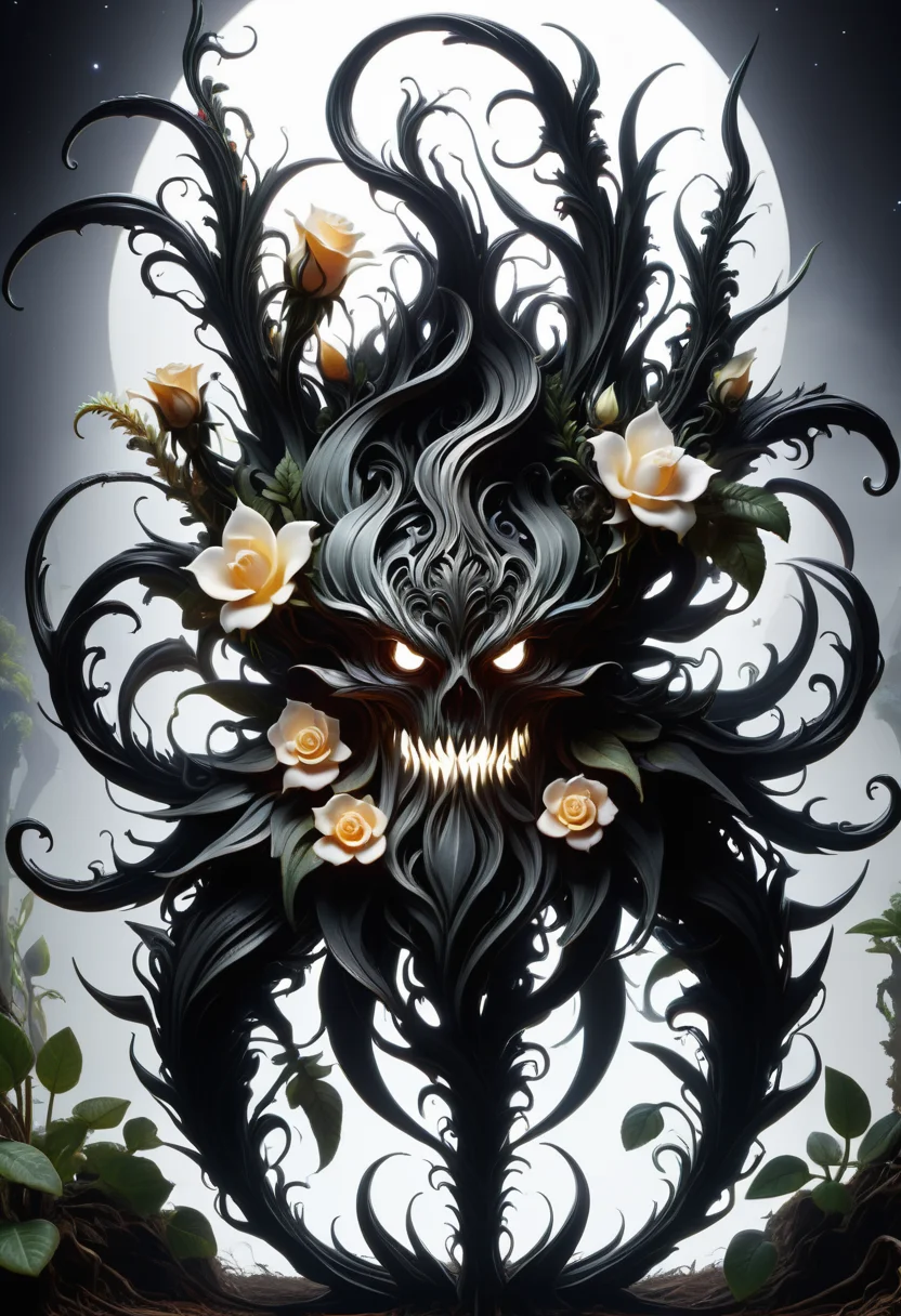 hyper detailed masterpiece, dynamic, awesome quality, DonMN1gh7D3m0nXL dwarf ivory black prostrate strap-shaped plant, ovate parted leaf, longitudinal venation, rosette, doubly serrate leaf margin, moonstone white spike banner flower, bilabiate, pastel drupe fruit, furrowed, , made of night <lora:DonMN1gh7D3m0nXL-v1.1-000008:1>