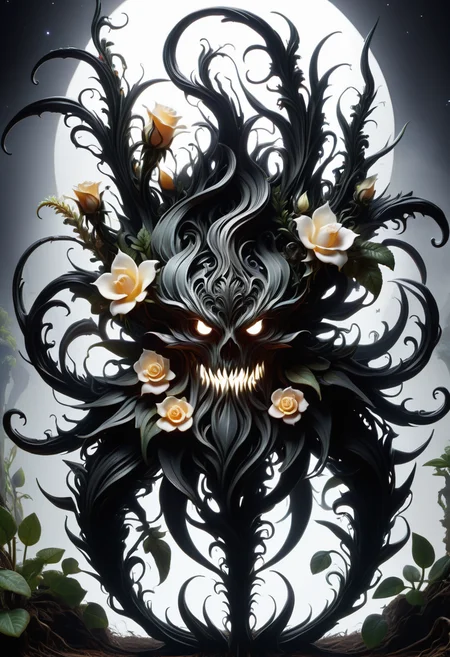 hyper detailed masterpiece, dynamic, awesome quality, DonMN1gh7D3m0nXL dwarf ivory black prostrate strap-shaped plant, ovate parted leaf, longitudinal venation, rosette, doubly serrate leaf margin, moonstone white spike banner flower, bilabiate, pastel drupe fruit, furrowed, , made of night <lora:DonMN1gh7D3m0nXL-v1.1-000008:1>