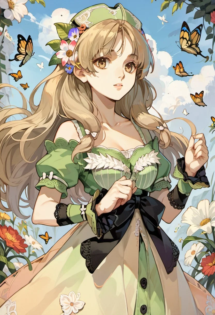 score_9, score_8_up, score_7_up, source_anime, ayesha altugle, long hair, golden eyes, light brown hair, 1girl, flower, waist bow, solo, hair ornament, butterfly, bow, bug, hair flower, wrist cuffs, hat