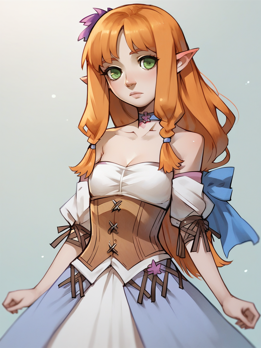 score_9, score_8_up, score_7_up, score_6_up, score_5_up,   <lora:ceciliaXLP:1> cecilia, green eyes, pointy ears, 1girl, solo, long hair, orange hair, corset, bare shoulders, choker, dress,