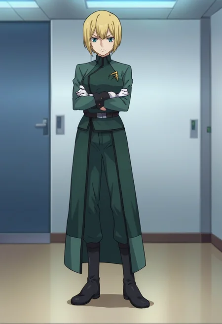 score_9,score_8_up,score_7_up,anime coloring BREAK source_anime,anime,<lora:Louise_Halevy_Gundam_00_Pony:0.7>,louise,1girl,solo,blue eyes,blonde hair,short hair,uniform,green jacket,green pants,belt,waist cape,white gloves,black boots,serious,standing,crossed_arms,indoors,looking_at_viewer,