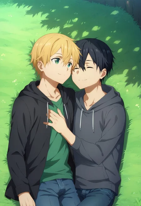 score_9, score_8_up, score_7_up, source_anime, highly detailed, 
1boy, 1boy,
Kazuto Kirigaya, SAO, black hair, black eyes,
and eugeo, green eyes,blonde hair,hair between eyes, green eyes, 
outdoor, tree, grass, lying down, tartan blanket, hoodie, jeans, socks, sleeping, head on chest, embrace, smile, closed eyes, up view,