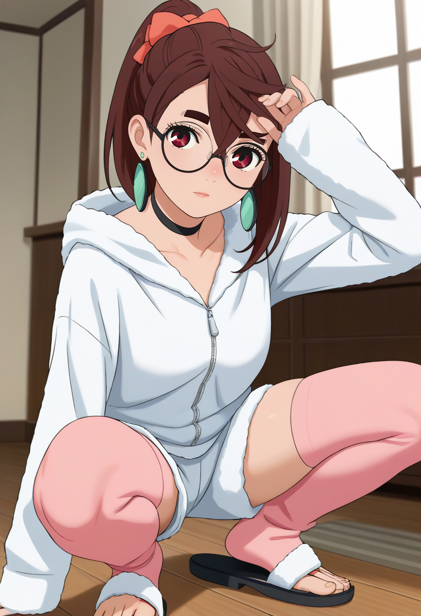 PonyXLV6_Scores,newest, masterpiece, best quality, 4k,
indoors,very aesthetic, detailed background, face focus,
1girl, solo,  <lora:momo_ayase - pony:1>ayase_momo,brown hair, hair between eyes, short hair, red eyes, black choker, earrings, jewelry, thick eyebrows,ponytail, pajamas, fur trim, white hoodie, zipper, hood, hood down, sleeves past wrists, white shorts, short shorts, pink thighhighs, toeless legwear, sandals, glasses, round eyewear, adjusting eyewear