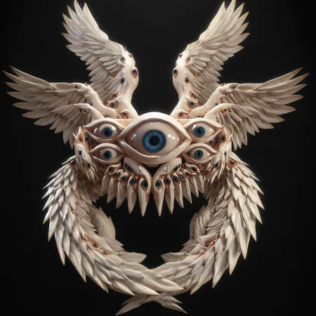 biblicalangellora, many eyes, wings, dark background