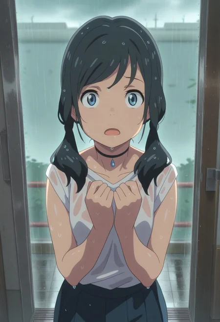 masterpiece,best quality,amazing quality, amano hina, black hair, long hair, low twintails, blue eyes, rain, 1girl, solo, choker, wet, twintails, jewelry, looking at viewer, open mouth