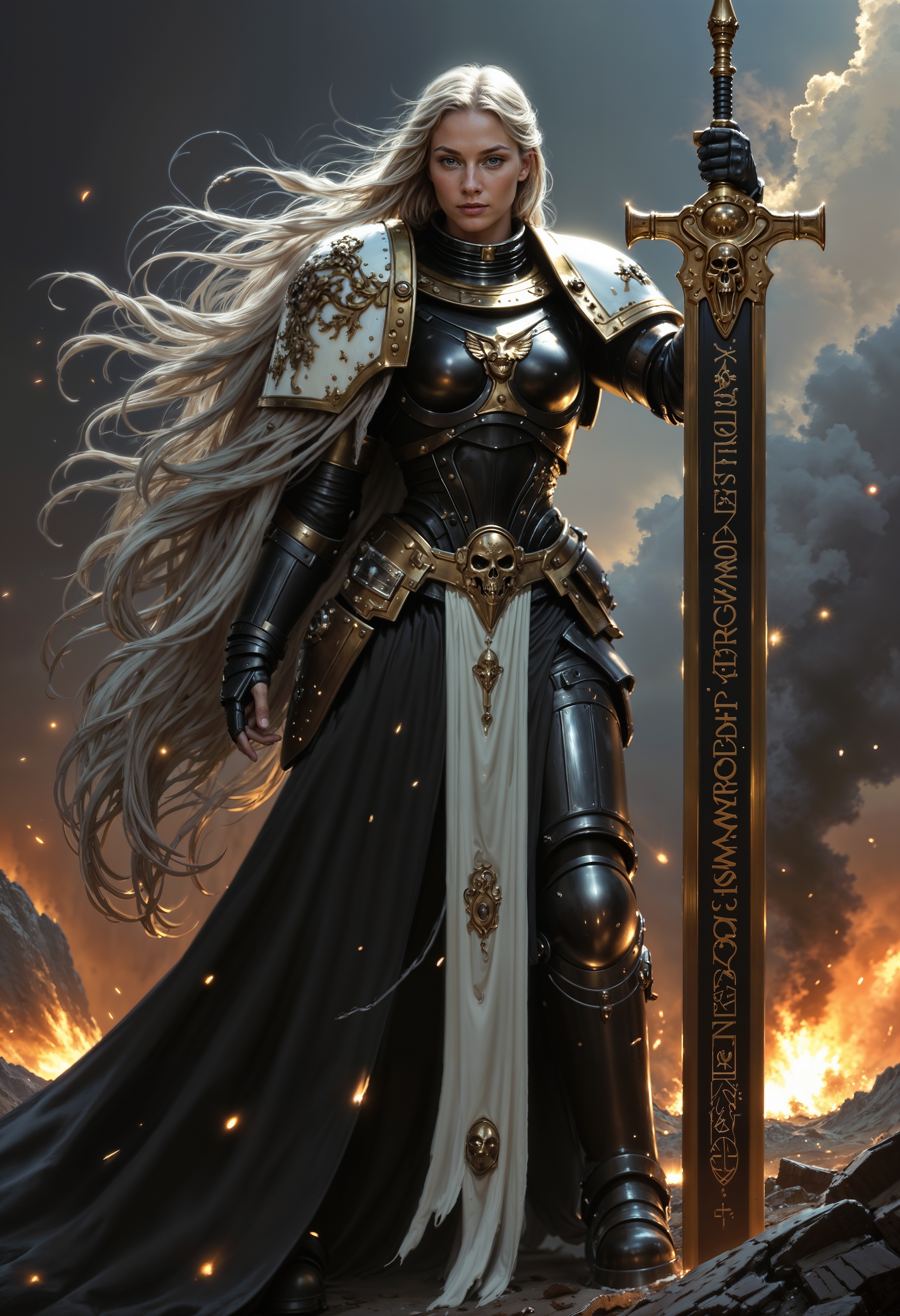 A strikingly beautiful female BlackT40k Space Marine stands tall amidst the chaos of battle, her long, silver hair flowing behind her, catching the light of the burning horizon. Her face, framed by her gleaming black armor, is a perfect blend of grace and stoic determination, with sharp features and piercing, storm-grey eyes that reveal an unwavering resolve. She grips a massive greatsword, nearly as tall as she is, its blade glowing faintly with the power of her faith. The sword is etched with ancient, holy runes, and her armored gauntlets hold it with ease, ready to strike down her foes. Her armor bears the iconic white cross of the Black Templars, embellished with purity seals and golden inscriptions. The contrast between her ethereal beauty and the brutal battlefield around her creates a scene of both awe and intensity, as she strides forward through the smoke and fire, a radiant symbol of war and faith.