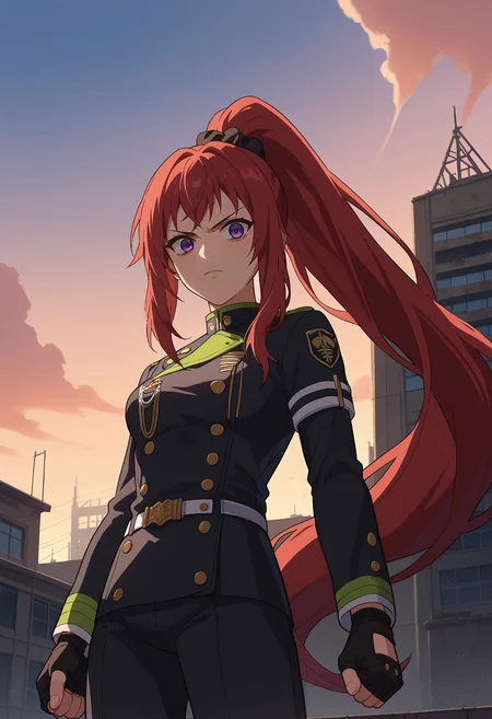 score_9, score_8_up, score_7_up, anime screencap, source_anime, 1girl, solo,
<lora:Mito_Juujou_Seraph_of_the_End_V1:.85>, KJOmito. red hair, purple eyes, long hair, high ponytail, black hair scrunchie,
tailcoat, military uniform, black pants, pantyhose, fingerless gloves, long sleeves,
from below, dutch angle, clenched hand, serious, shaded face, angry, looking at viewer,
abandoned building, ruined city, rooftop, outdoors,
(Beautiful, medium Breasts:1.2),