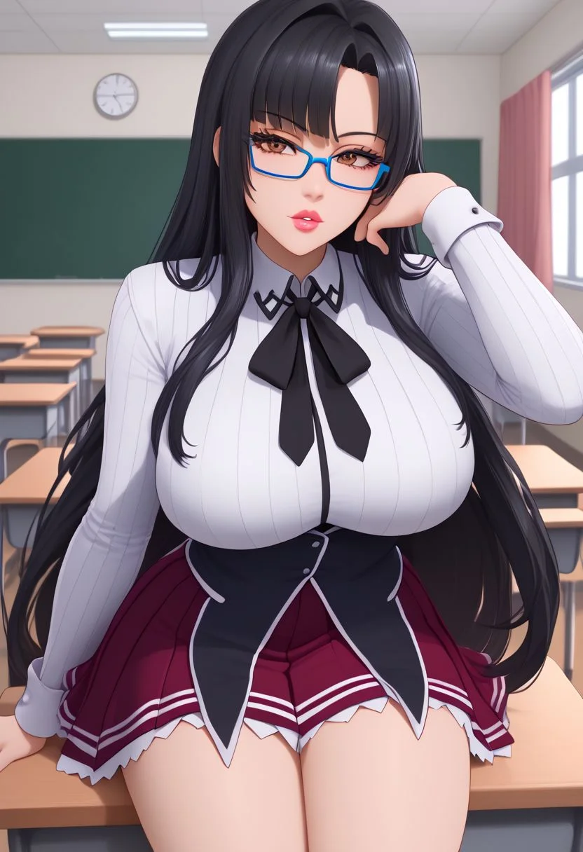 Masterpiece, best quality, high quality, highres, 4k, detailed face, Expressiveh, shinra tsubaki, black hair, brown eyes, long hair, parted bangs, blue-framed eyewear, under-rim eyewear, glasses, large breast, parted lips, shiny lips, lipgloss, gyaru, bmbplora, long eyelashes, kuohacademy, school uniform, black capelet, white shirt, black ribbon, neck ribbon, long sleeves, corset, red skirt, pleated skirt, classroom,