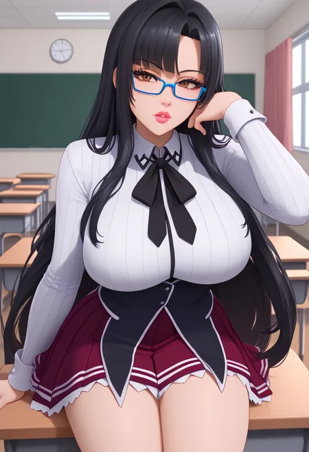 Masterpiece, best quality, high quality, highres, 4k, detailed face, Expressiveh, shinra tsubaki, black hair, brown eyes, long hair, parted bangs, blue-framed eyewear, under-rim eyewear, glasses, large breast, parted lips, shiny lips, lipgloss, gyaru, bmbplora, long eyelashes, kuohacademy, school uniform, black capelet, white shirt, black ribbon, neck ribbon, long sleeves, corset, red skirt, pleated skirt, classroom,