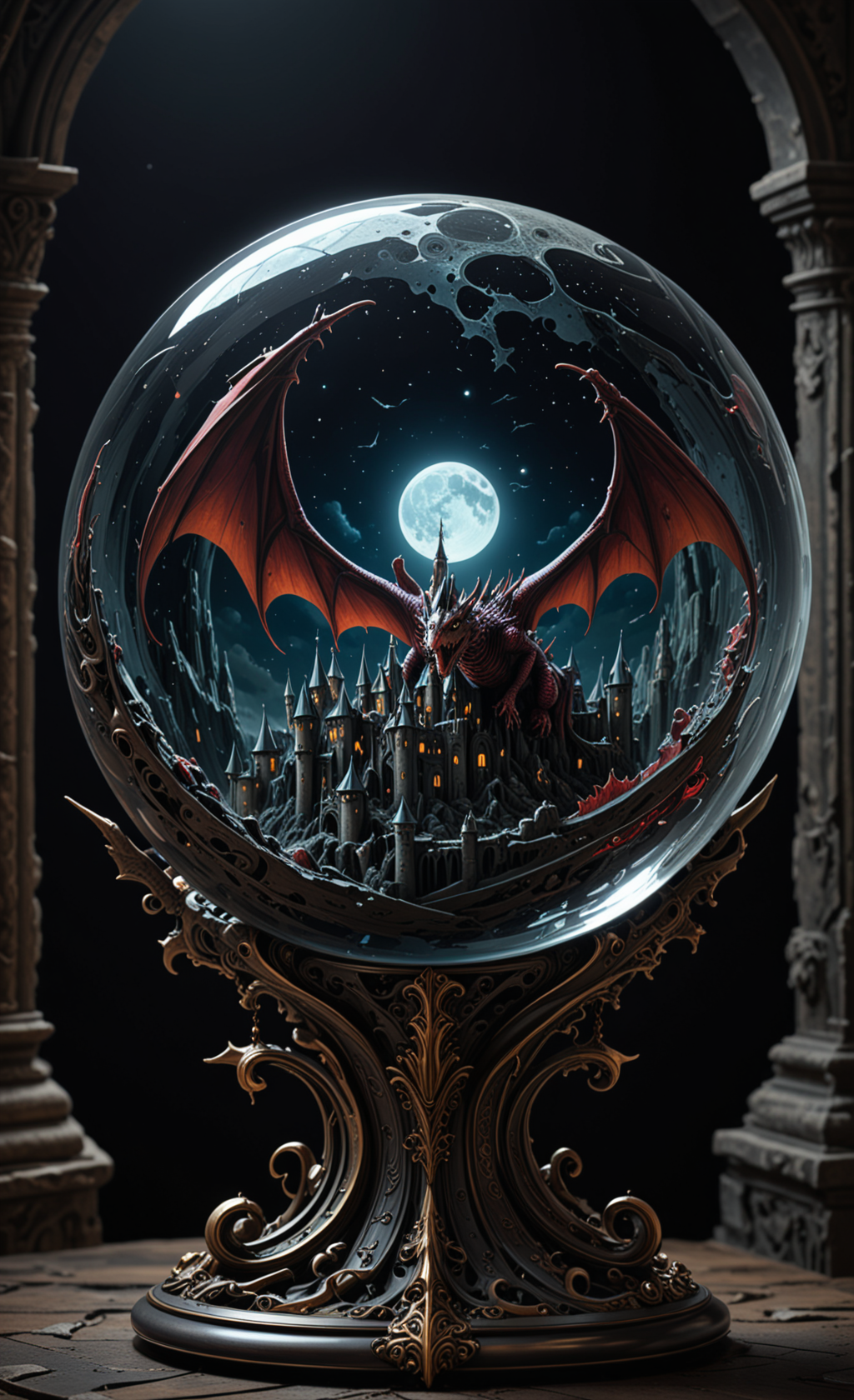 A  glass sphere sculpture, concealed inside the sphere is a Dragon flying over a castle, Fantasy, in the dark, detailed image, 8k high quality detailed, the moon, shaped sphere, amazing wallpaper, digital painting highly detailed, 8k UHD detailed oil painting, beautiful art UHD, focus on full glass sphere, bokeh,  background Modifiers: extremely detailed Award winning photography, fantasy studio lighting, photorealistic very attractive beautiful imperial colours ultra detailed 3D, (Extremely Intricate), UHD <lora:3D_Framed_Wall_Art_-_By_DICE:1>, (3D Framed, Macabre)