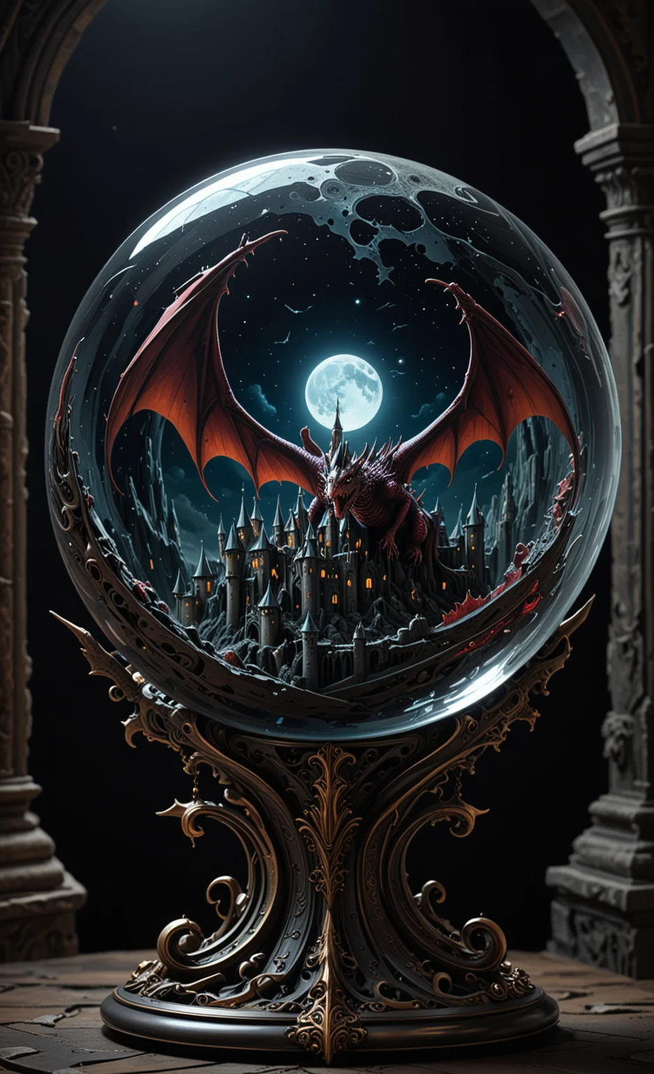A glass sphere sculpture, concealed inside the sphere is a Dragon flying over a castle, Fantasy, in the dark, detailed image, 8k high quality detailed, the moon, shaped sphere, amazing wallpaper, digital painting highly detailed, 8k UHD detailed oil painting, beautiful art UHD, focus on full glass sphere, bokeh, background Modifiers: extremely detailed Award winning photography, fantasy studio lighting, photorealistic very attractive beautiful imperial colours ultra detailed 3D, (Extremely Intricate), UHD <lora:3D_Framed_Wall_Art_-_By_DICE:1>, (3D Framed, Macabre)