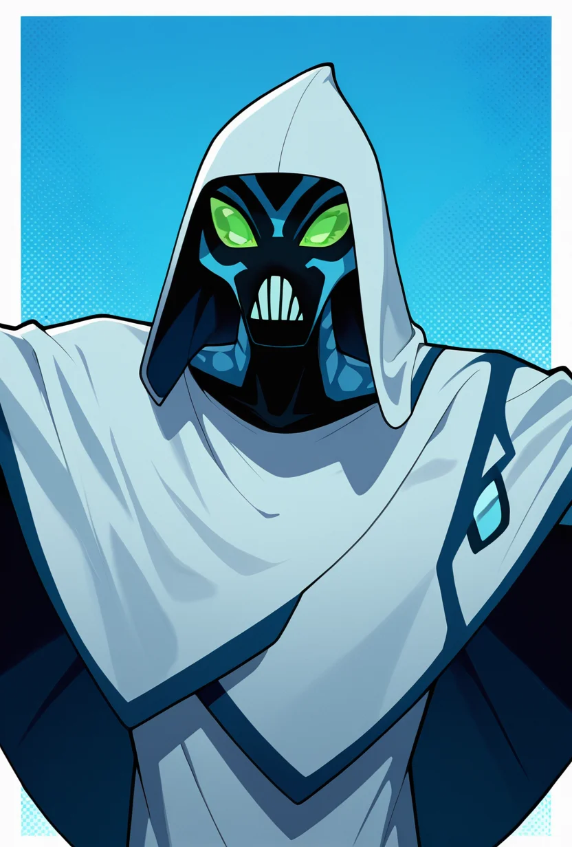 <lora:bigchill-07:1> bigchill, solo, 1boy, green eyes, blue skin, no humans, green sclera, teeth, no pupils,, hood, cloak, blue background, dynamic pose, masterpiece, best quality, amazing quality, very aesthetic, absurdres, newest,, upper body, halftone effect, white borders, abstract background:1.2,