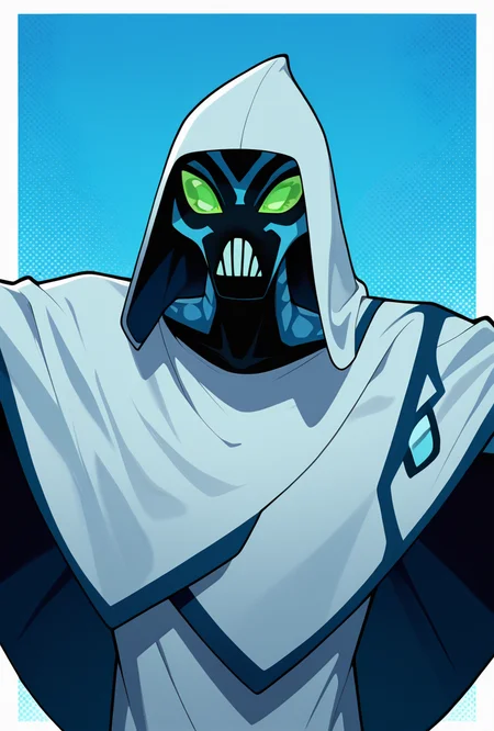 <lora:bigchill-07:1> bigchill, solo, 1boy, green eyes, blue skin, no humans, green sclera, teeth, no pupils,, hood, cloak, blue background, dynamic pose, masterpiece, best quality, amazing quality, very aesthetic, absurdres, newest,, upper body, halftone effect, white borders, abstract background:1.2,