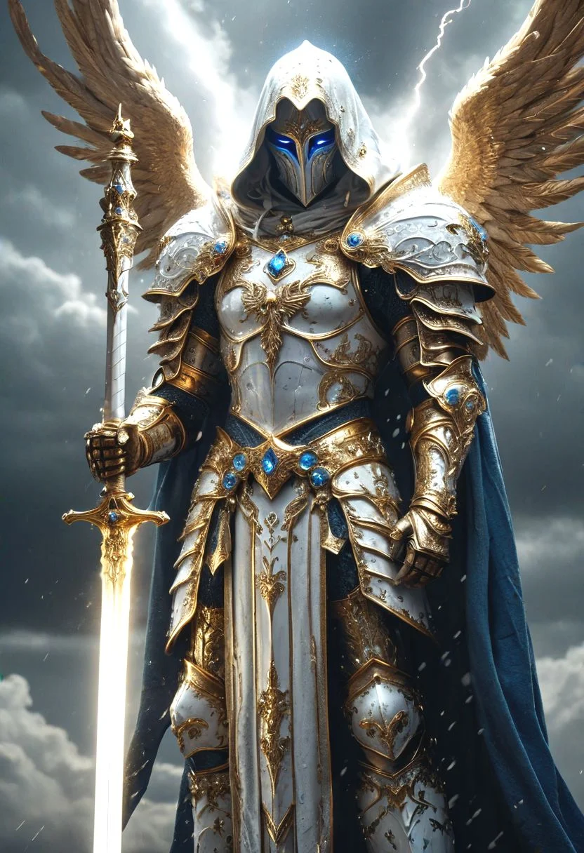A stunning, highly detailed dark fantasy full body illustration of a proud angelical warrior wearing intricate medieval white HKStyle armor and an epic white ornamented mask, holding a great golden glowing sword, golden and blue glooming eyes, very wide shoulders, wearing big gauntlets, epic composition. The warrior stands heroic with a flowing cloak and white hood during a storm with foggy gloom, thunderclouds in the background . The scene depicts him with brooding emotional agony , style by Greg Rutkowski, by Milo Manara and Russ Mills, with insanely intricate details and textures, gloomy dramatic lighting, 8K resolution
<lora:HKStyle:0.85>, HKStyle,
<lora:add-detail-xl:0.75>,
<lora:quality1:0.75>,
<lora:extremely_detailed:0.6>, extremely detailed,
 <lora:ral-bling-sdxl:0.7> ral-bling,
