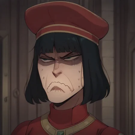 masterpiece, best quality, newest, absurdres, highres, anime, anime style, 1boy, Lord-Farquad-IL-base outfit, short hair, red gloves, black hair, beret, cape, gloves, hat, green eyes, red headwear, hat, black hair YorButthurtFaceIL-V1.0, angry, annoyed, expressive, exxagerated exxpresion, frown, shaded face, wavy mouth, sweating profusuely,