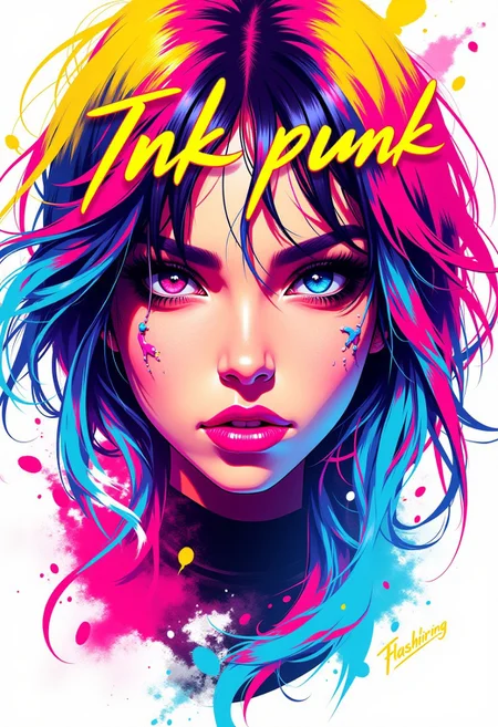 Inkpunk Anime, 1woman, colorful, text over her head says ("Ink Punk Anime"), text on the bottom says ("Flashfiring"), Beautiful eyes