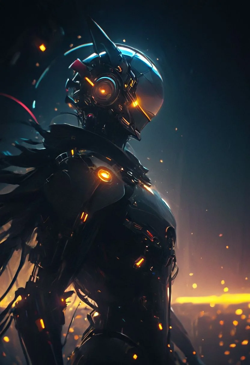 resembling intricately-detailed daft punk, an excentric laughing feudal wired-cyborg hkfuture Rococo shinobi, vibrant translucent DARK-AMBER colorful, 80s synthwave style, translucent red velvet high collar blouse, the face shrouded in darkness, a Large hooded Linen Cape with Highlights and Ornaments, volumetric lighting, 4esthet1c background, ultra detailed, deep Blacks, very detailed, atmospheric haze, Film grain, cinematic film still, shallow depth of field, highly detailed, high budget, cinemascope, moody, epic