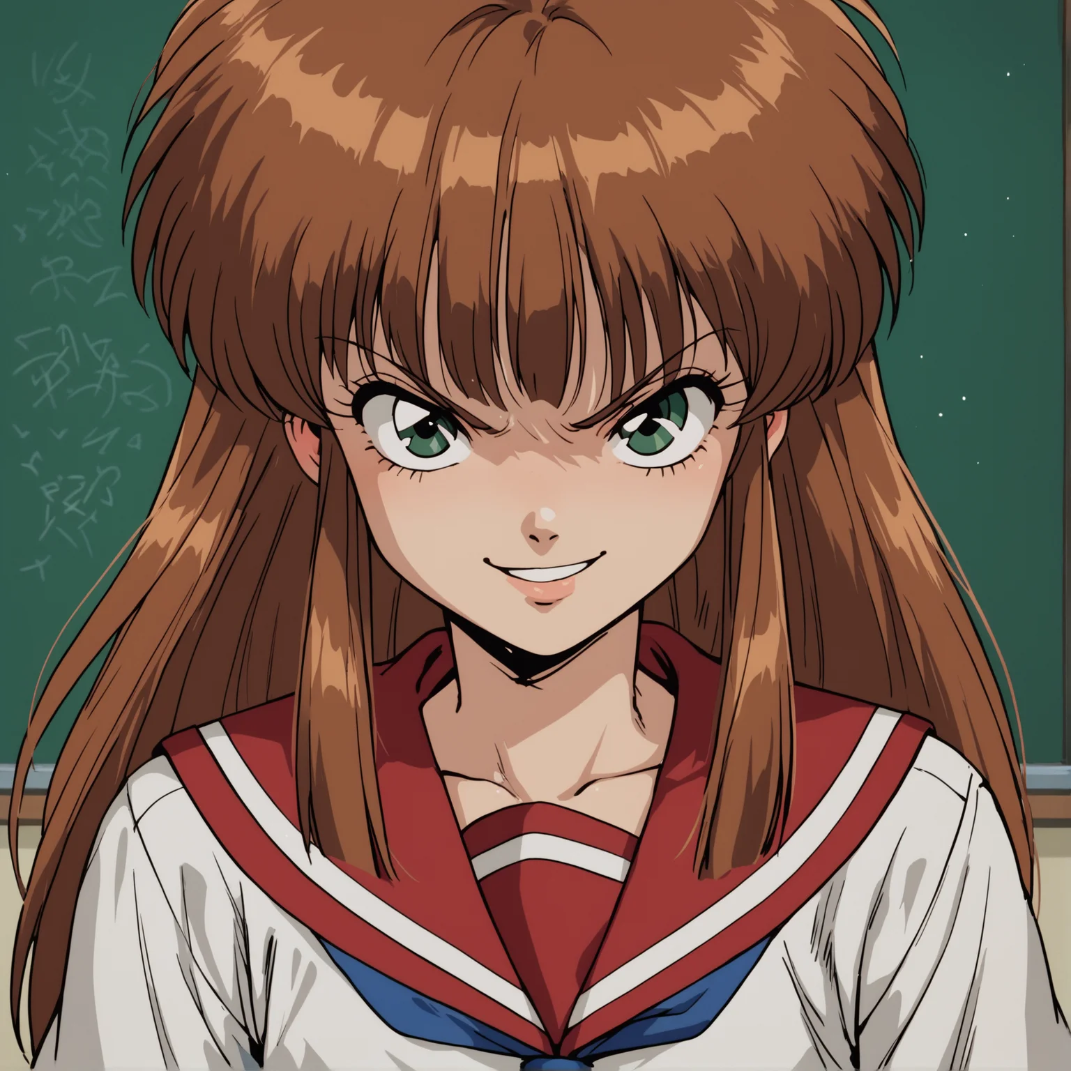 score_9, score_8_up, score_7_up, anime_source, BREAK,
masterpiece, best quality, androgynous, solo, retro style, <lora:Tsuba_Kurenai_r1:0.6> tusbasa kurenai, serafuku, long brown hair, bangs, green eyes, school uniform, looking at viewer, smirk, classroom, <lora:g4n1m3XLP:0.7> g4n1m3