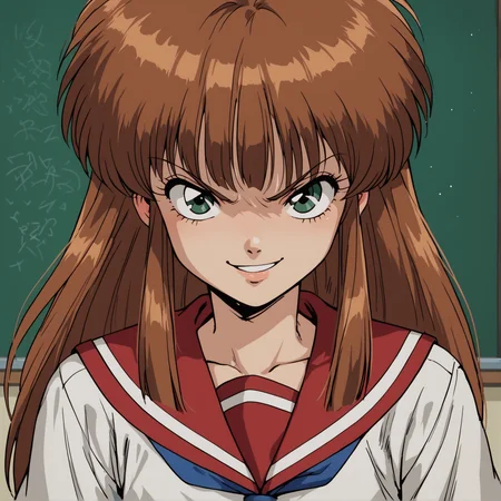score_9, score_8_up, score_7_up, anime_source, BREAK,
masterpiece, best quality, androgynous, solo, retro style, <lora:Tsuba_Kurenai_r1:0.6> tusbasa kurenai, serafuku, long brown hair, bangs, green eyes, school uniform, looking at viewer, smirk, classroom, <lora:g4n1m3XLP:0.7> g4n1m3