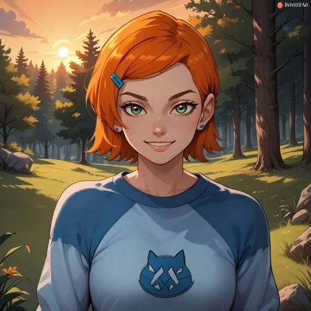 score_9, score_8, BREAK, solo, 1girl, pale skin, green eyes, short orange hair, hair clip, sapphire earrings, blue raglan shirt with a cat logo, white capri pants, sexy pose, self portrait, smile, outdoors, sunlight, shadows, evening lighting, natural lighting, forest, trees, grass, orange sky, sunset