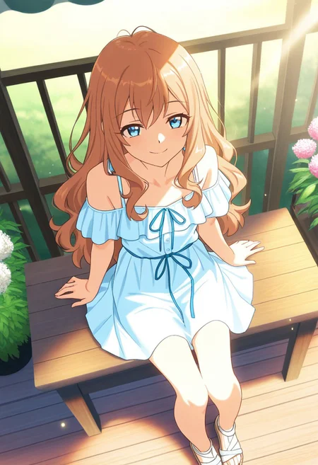 masterpiece, best quality, high quality, high details, source_anime, score_9, score_8_up, score_7_up, extremely detailed,
stylish girl sitting on a table in an outdoor café, wearing a light flowy summer dress in pastel peach with ruffles and a wide ribbon at the waist, legs gently crossed, soft sandals, looking slightly up with a relaxed smile, long wavy chestnut hair with soft shine, sunlight casting gentle shadows through café umbrellas, gentle breeze moving the fabric, cozy atmosphere with flowers and vintage wooden furniture, cinematic angle from above and in front, dreamy lighting, anime style, soft focus, ambient particles in the air