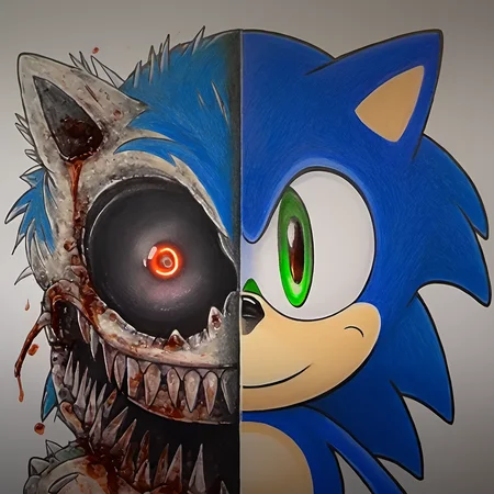 A drawing of Sonic the Hedgehog, in the style of JordanPersegati, split style drawing, infected, glowing eye, smiling, covered in blood, rotten, horror, white background <lora:Jordan_Persegati_V2:1>
