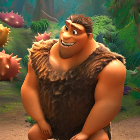 Grug, 1boy, short hair, facial hair, bara, musuclar, thick eyebrows, chest hair, brown hair, stubble, pectorals, brown eyes, arm hair, leg hair, sleeveless, tattered tunic, furry top, brown fur, caveman, broad shoulders, forest, smile,