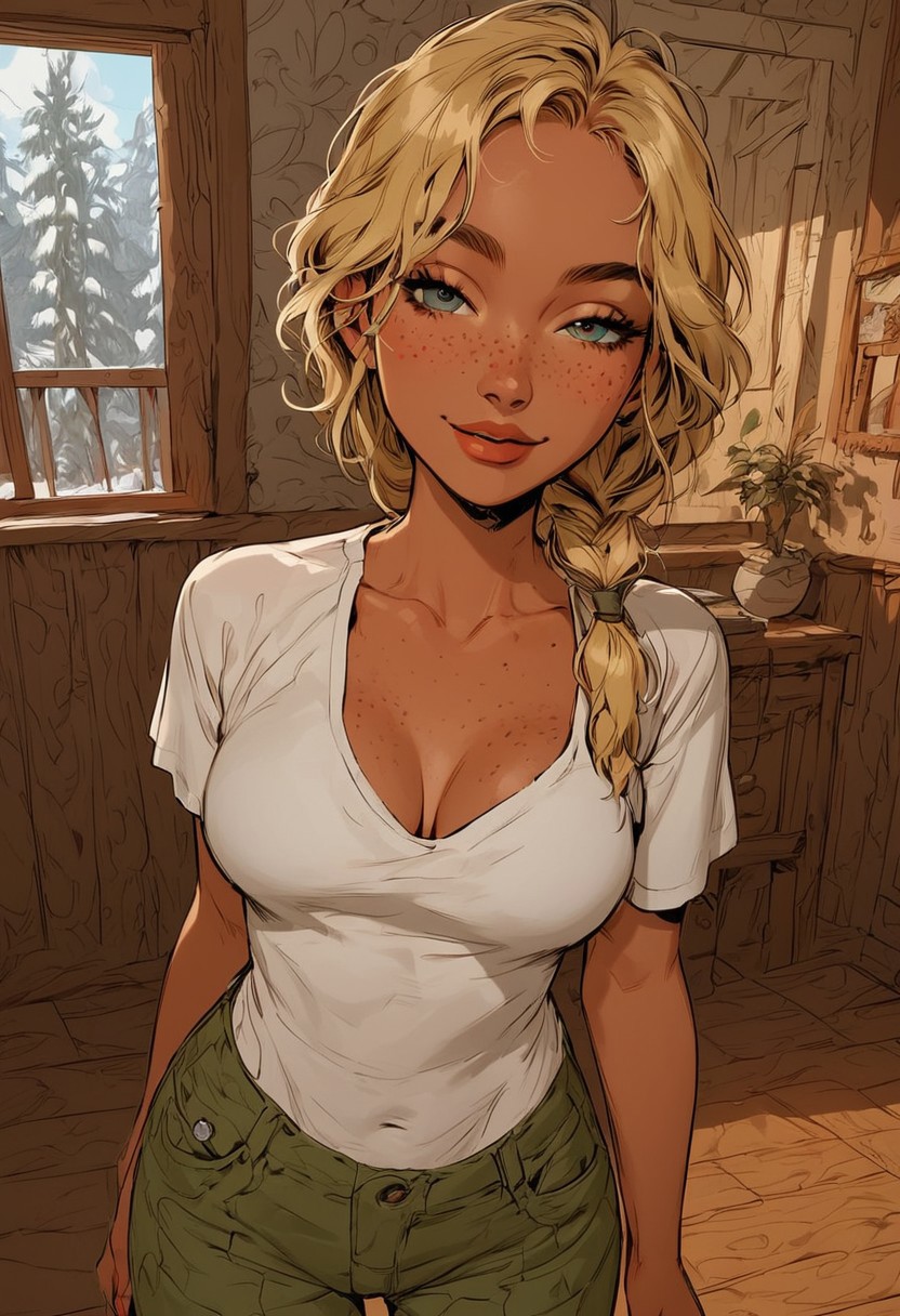 Score_9, Score8_up, Score_7_up, (((High Resolution, Best Quality))), 
1girl, Allegra_Sauvagess, medium dark blonde hair, greasy hair, low braided pigtails, (tan skin, freckles, thin lips, petite), orange graphic t-shirt, leafless tree graphic on shirt, low-rise extremely baggy green cargo pants, medium breasts, cleavage, teardrop breasts, seducing, seductive, flirty, tender, loving, looking at viewer, smug, inside bedroom, ski lodge, bedroom, seducing, NSFW, CONCEPT_irezumi_YakuzaTattoo_ownwaifu