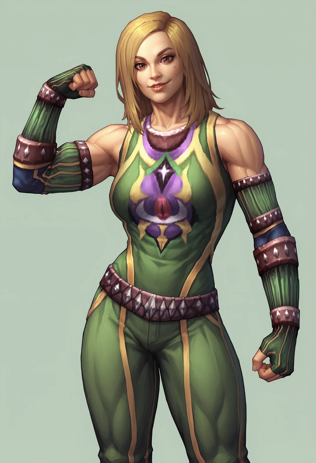 score_9, score_8_up, score_7_up, score_6_up, score_5_up, score_4_up, 1girl, <lora:KerriHicks:0.75>  solo, breasts, blonde hair, brown eyes, lips, pants, gloves, elbow gloves, fingerless gloves, bare shoulders, standing, muscular, muscular female, bodybuilder, flexing, smile, looking at viewer, 
(light blue background), simple background,
