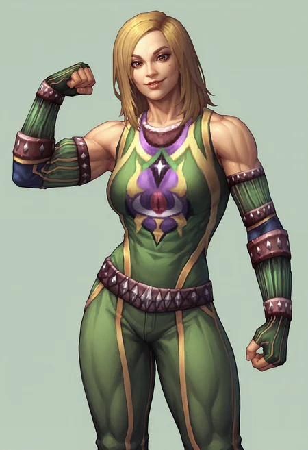 score_9, score_8_up, score_7_up, score_6_up, score_5_up, score_4_up, 1girl, <lora:KerriHicks:0.75> solo, breasts, blonde hair, brown eyes, lips, pants, gloves, elbow gloves, fingerless gloves, bare shoulders, standing, muscular, muscular female, bodybuilder, flexing, smile, looking at viewer,
(light blue background), simple background,