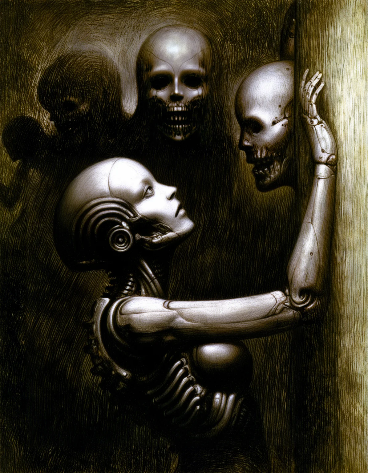 traditional media, good quality, best quality, highres, masterpiece, painterly, horror \(theme\), 
1girl, monster, terminator, android, humanoid robot, upper body, leaning on wall, profile, dark theme, shadows,
 <lora:Melancholy illustrious:0.7>,