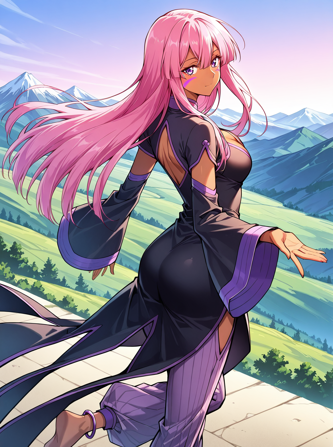 <lora:Sun_Xiumei:1>
1 girl, solo, purple eyes, pink hair, long hair, bangs, hair between eyes, dark skin, dark-skinned female,
chinese clothes, black dress, cleavage, facial mark, long sleeves, detached sleeves, cleavage cutout, pants, barefoot, wide sleeves, anklet, clothing cutout
score_9, score_8_up, score_7_up, source anime, BREAK,  cowboy shot, (from side), looking back, looking at viewer, overlooking mountain, high altitude, scenery, exterior, background, (solo), perfect hands