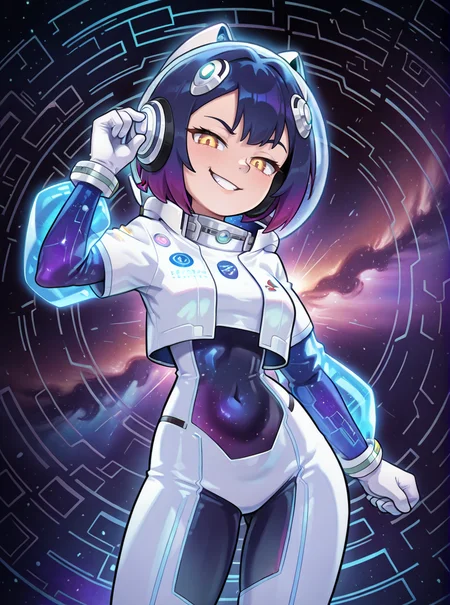 space waifu, holographic outfit, galactic backdrop, teasing smirk, glowing helmet, sci-fi elements,